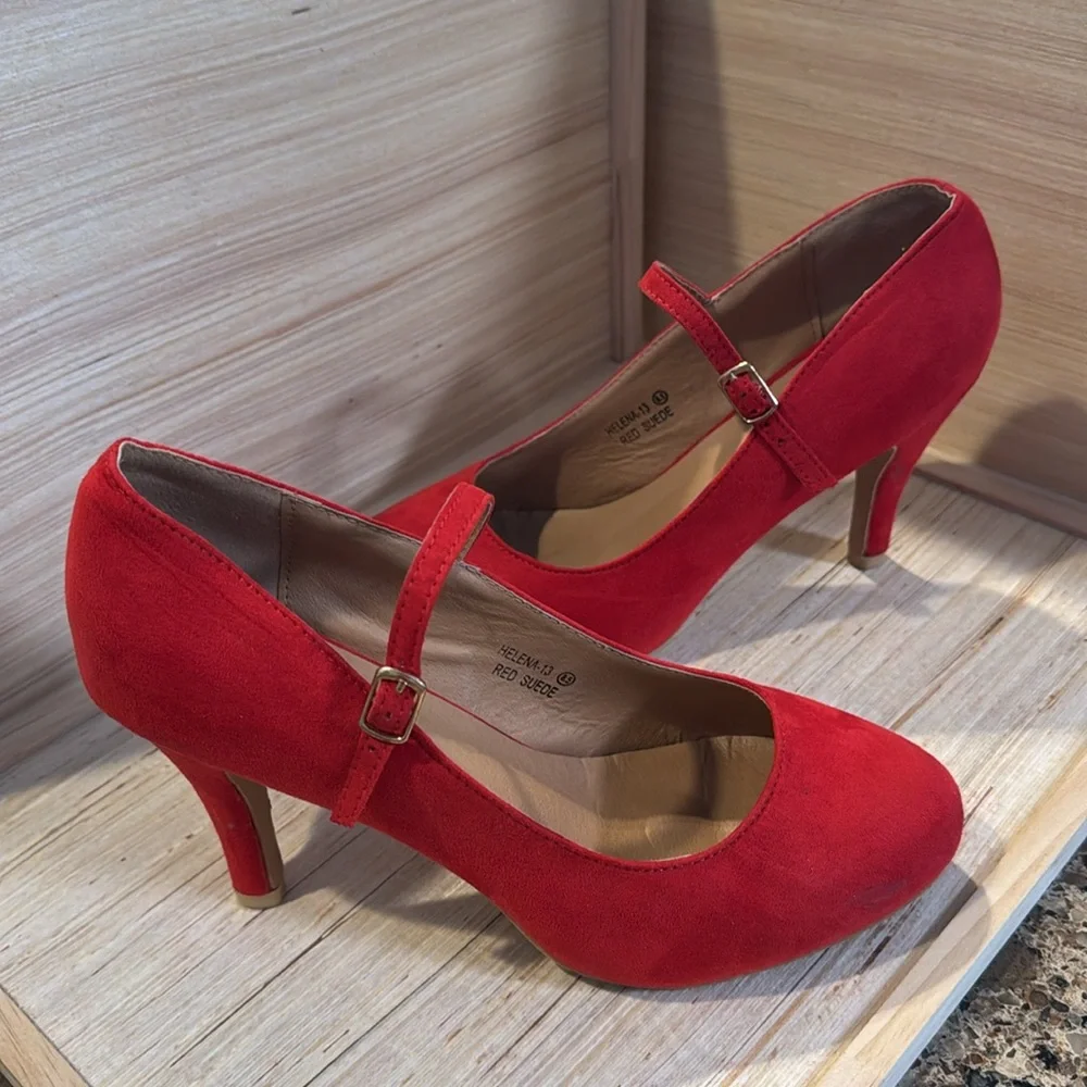 Suede Red Mary Jane Heels - Picture 3 of 15